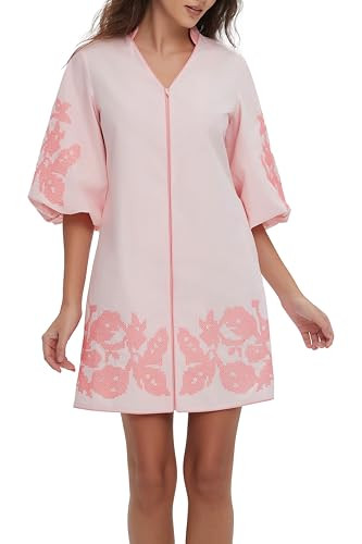 D-Sun Women Floral Embroidery Mini Dress 3/4 Puff Sleeves V Neck Tunic Mini Dress Zip Party Dress... | Amazon (US)