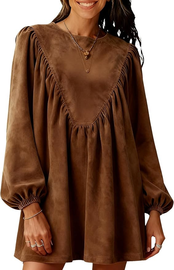 Huaqiao Womens A-Line Faux Suede Peplum Pleated Babydoll Mini Dress Casual Long Sleeves Crew Neck... | Amazon (US)