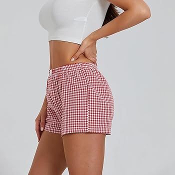 Women's Y2K Lounge Shorts Cute Soft Elastic Low Waist Plaid Print Button Front Pajama Bottoms Box... | Amazon (US)