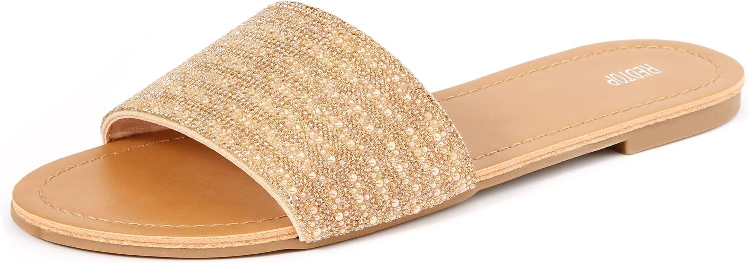 REDTOP Women's Slip on Sandals Slide Glitter Bling Casual Sandal Flat Open Toe Sparkle Slides | Amazon (US)