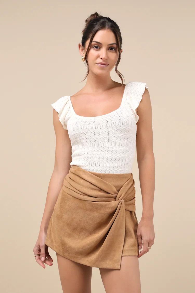 City Delights Light Brown Suede Twist-Front High-Rise Skort | Lulus