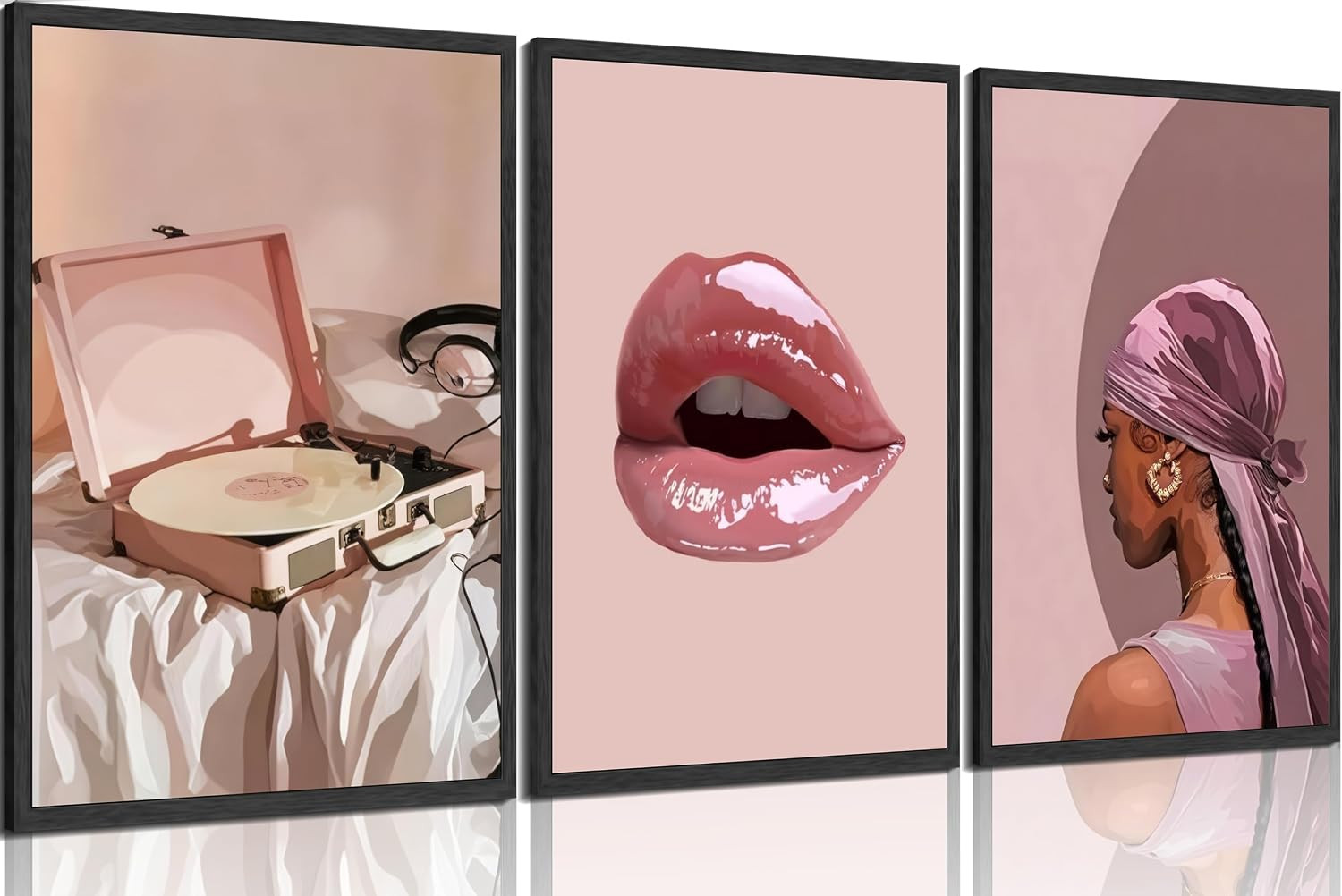3Pcs Black Woman Canvas Wall Art Pink Trendy African American Painting Picture Wall Decor Fashion Black Girl Record Music Poster Print Artwork for Living Room Bedroom Office Apartment Home Decoration | Amazon (US)