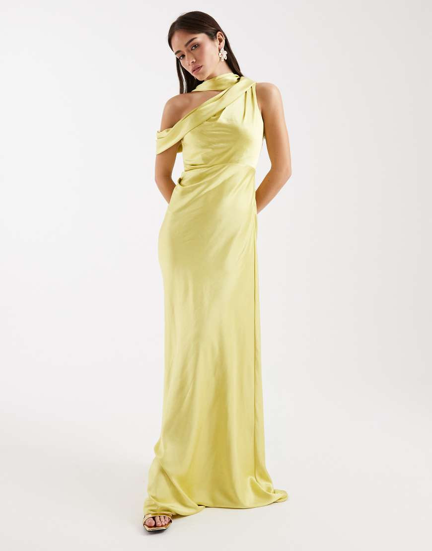 Six Stories Bridesmaids satin drape one shoulder maxi dress in yellow-Green | ASOS (Global)