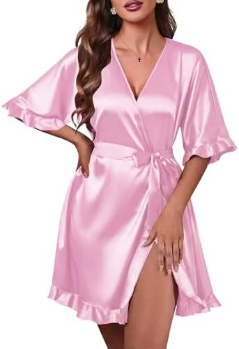 Silk Robes for Women Short Lightweight Bathrobe Ruffled Satin Kimono Robes Sexy Bride Bridesmaid ... | Amazon (US)