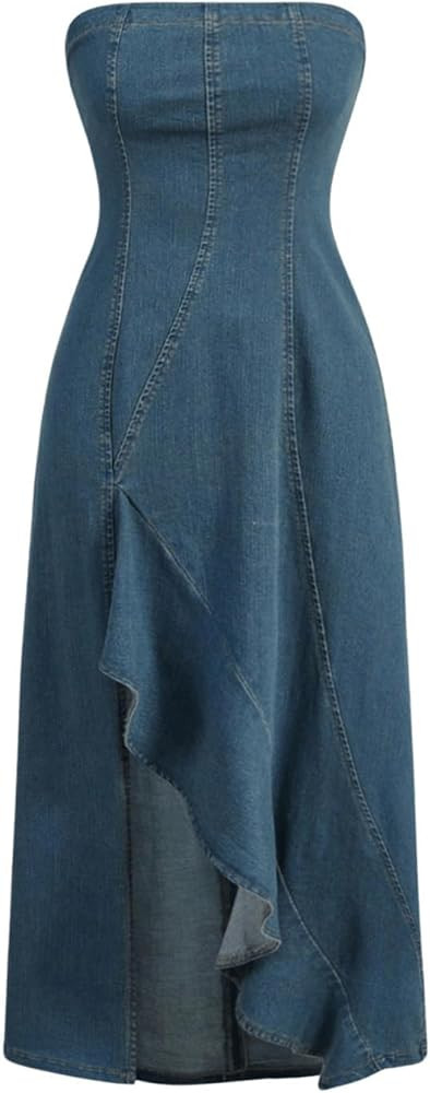 MakeMeChic Women's High Split Tube Denim Dress Sleeveless Ruffle Trim Midi A Line Dress | Amazon (US)