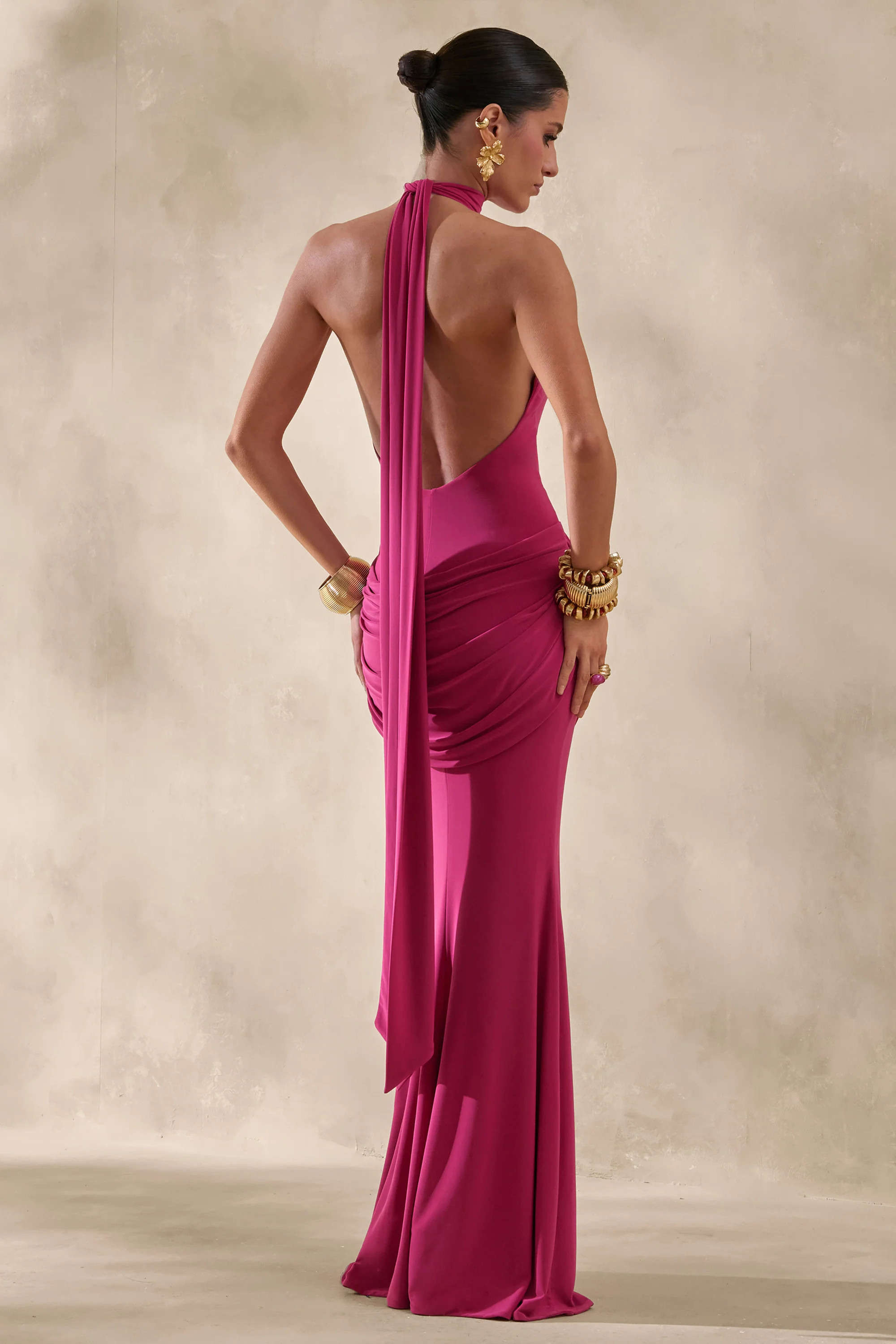 Daisy | Hot Pink Halter-Neck Maxi Dress With Draped-Detailing | Club L London