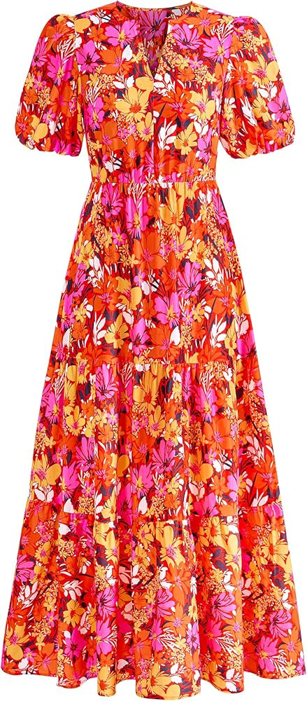 dowerme Womens Summer Dresses 2026 Casual Puff Short Sleeve V Neck Floral Boho Tiered Ruffle Maxi... | Amazon (US)