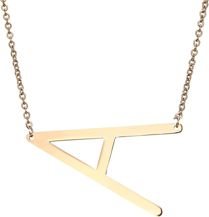 RINHOO Sideways Large Initial Necklace Gold Big Letter Script Name Stainless Steel Pendant Monogr... | Amazon (US)