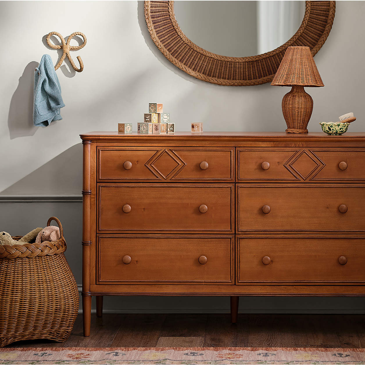 Crosby Antique Amber Wood Wide 6-Drawer Kids Dresser by Sharland England | Crate & Kids | Crate & Barrel