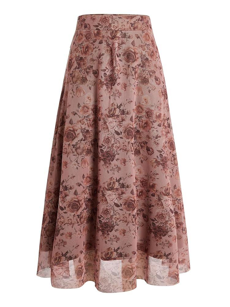 Verdusa Women's Y2k Gothic Flowy Skirts Boho Floral Print Mesh Going Out Outfits Long Skirt | Amazon (US)