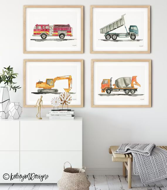 Set of 4 Construction Vehicle Prints, Kids Gallery Wall Set, Truck Wall Art, Fire Truck Print Nur... | Etsy (US)