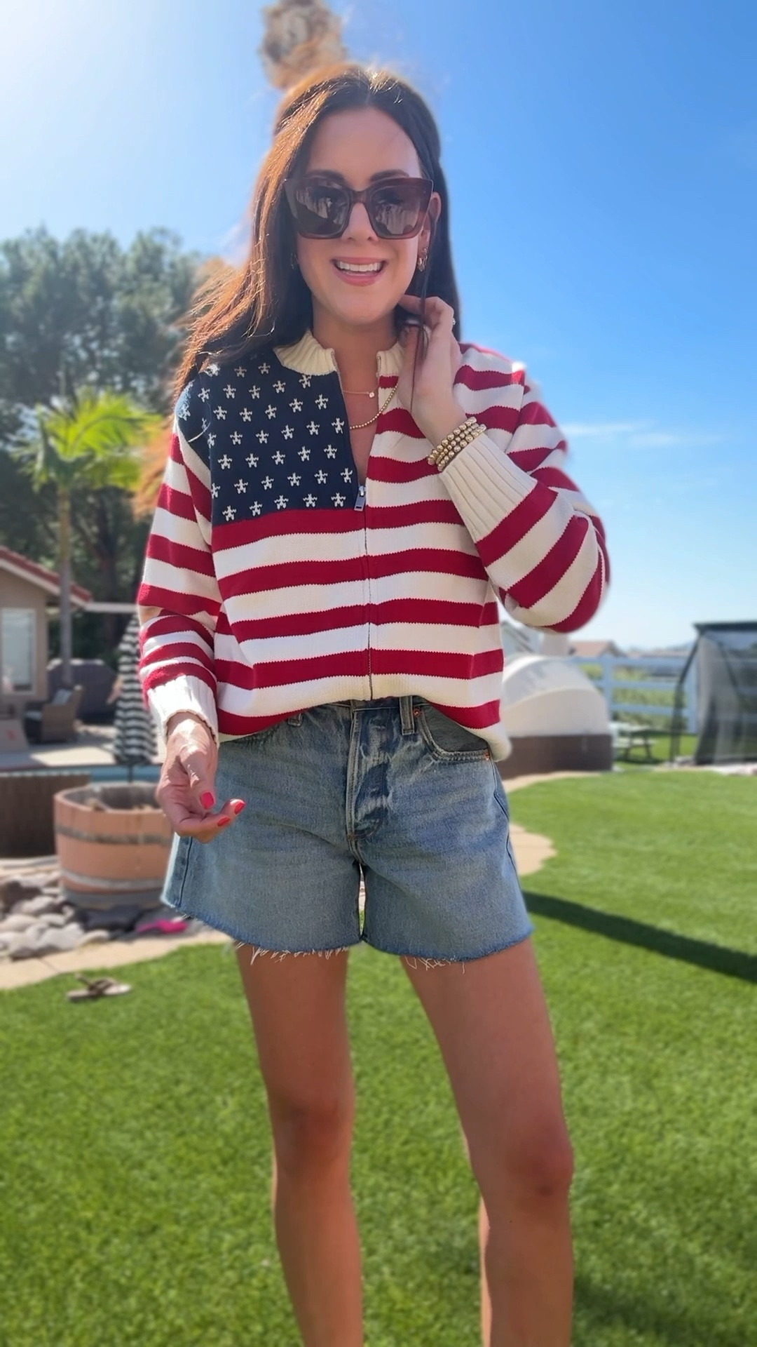 Sandals ON SALE! —run tts 
Medium flag sweater
Size 2 denim shorts
Target summer outfit 😍

#LTKSeasonal #LTKmomlife #LTKSaleAlert
