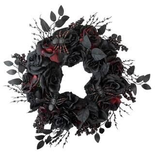 24" Burgundy & Black Roses with Spiders Halloween Wreath | Michaels Stores