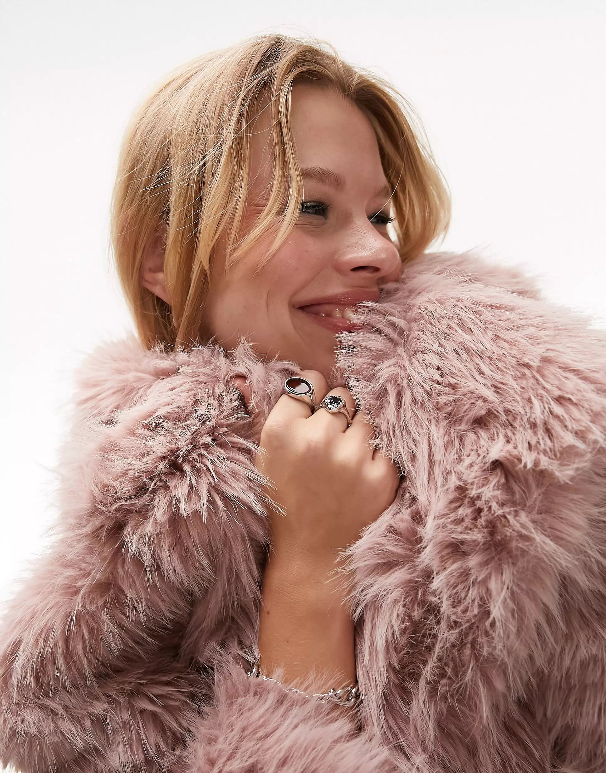 Topshop longline faux fur coat in pink | ASOS | ASOS (Global)