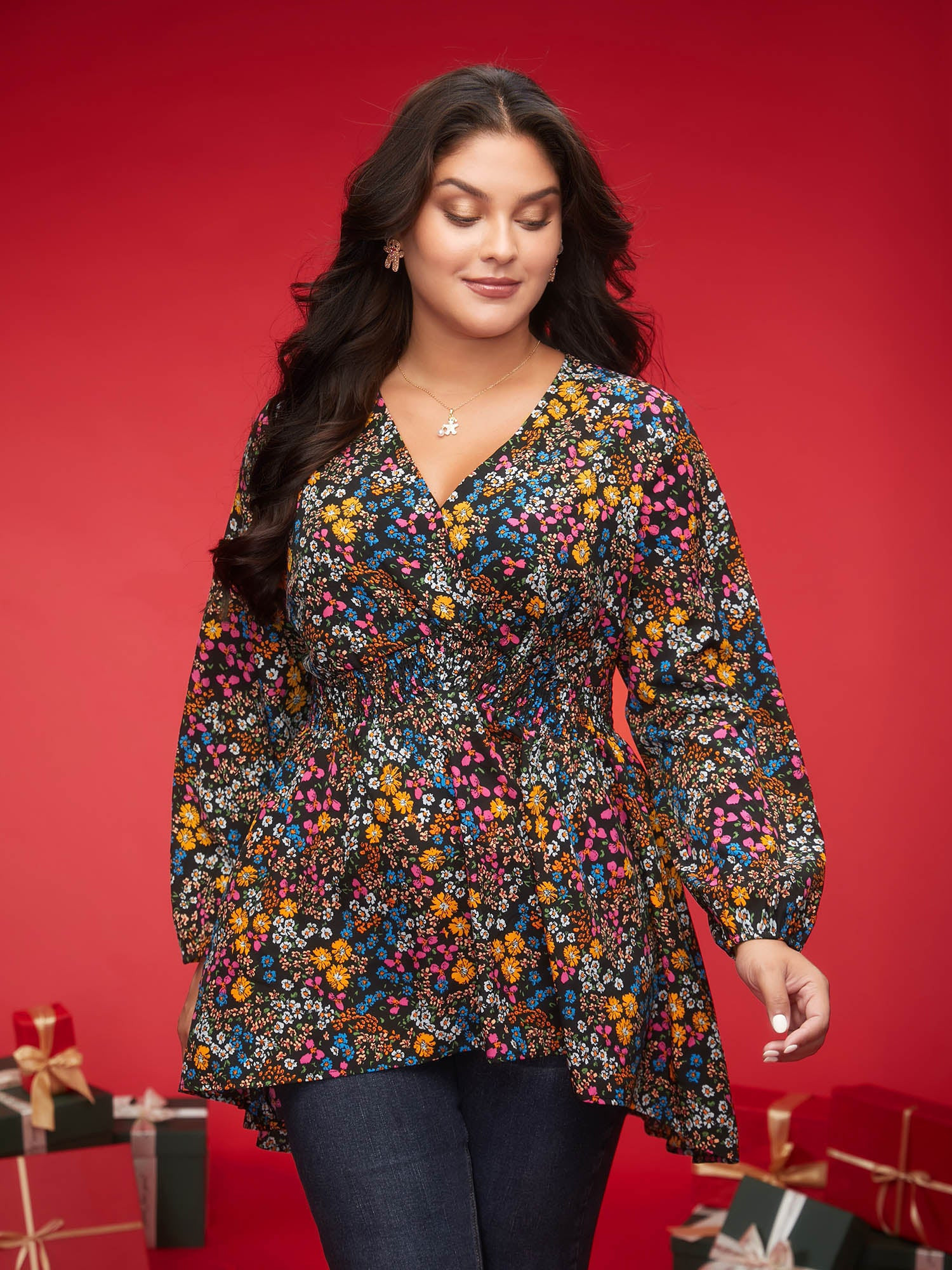 Floral Smocked Waistline Surplice Neck Blouse | Bloomchic