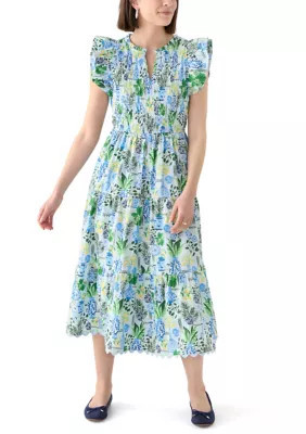 Crown & Ivy Women's Smocked Split Neck Dress, Blue, 14 | Belk