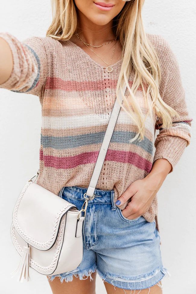 Hold My Hand Beige Striped Slouchy Sweater | Pink Lily