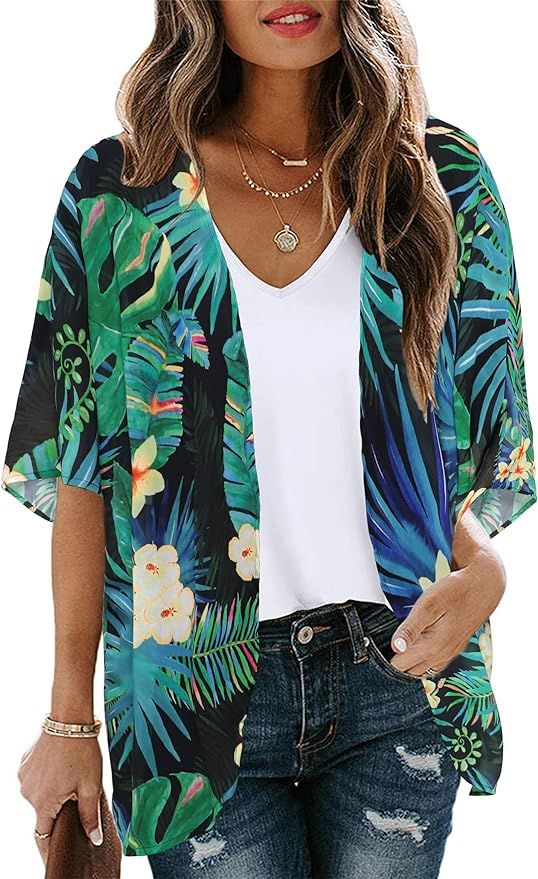 Women's Floral Print Puff Sleeve Kimono Cardigan Loose Cover Up Casual Blouse Tops | Amazon (US)