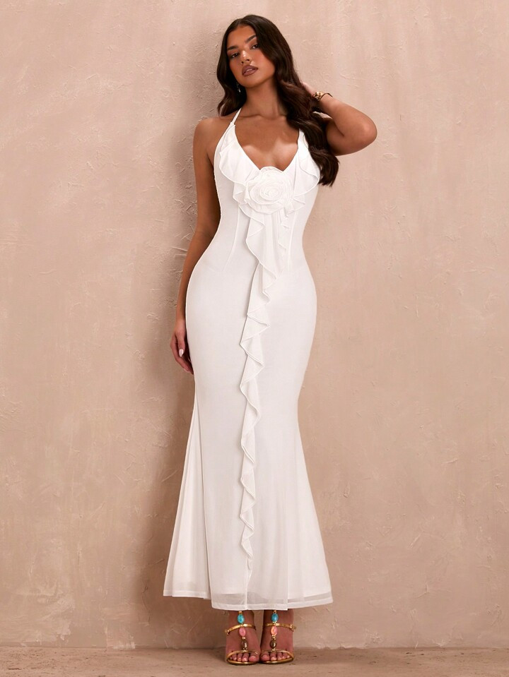 SHEIN BAE Summer Sexy Deep V-Neck 3D Floral Ruffle Hem Belted Fish Tail Dress With Lotus Leaf Tri... | SHEIN