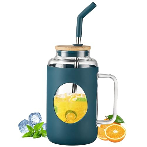 TKK 50 oz Glass Tumbler with Bamboo Lid and Straw, Glass Water Bottle with Silicone Sleeve, Iced Coffee Cup with Handle, Glass Drinking Jars for Boba Cup, Smoothie Cup, Navy Blue | Amazon (US)