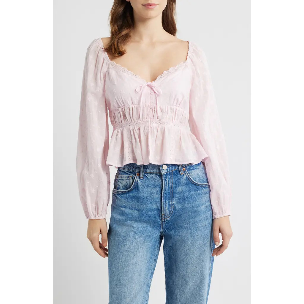 All in Favor Embroidered Long Sleeve Peplum Top in Light Pink at Nordstrom Rack, Size X-Large | Nordstrom Rack
