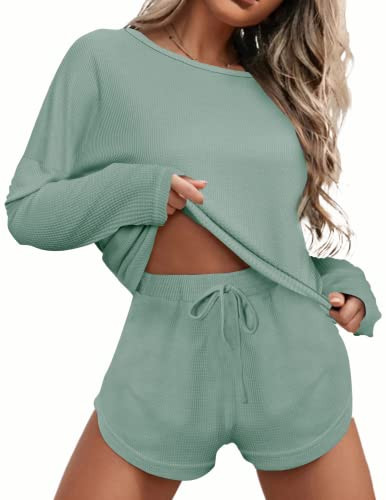 Ekouaer Womens Waffle Knit Pajama Sets Long Sleeve Top and Shorts Matching Lounge Set Loungewear ... | Amazon (US)