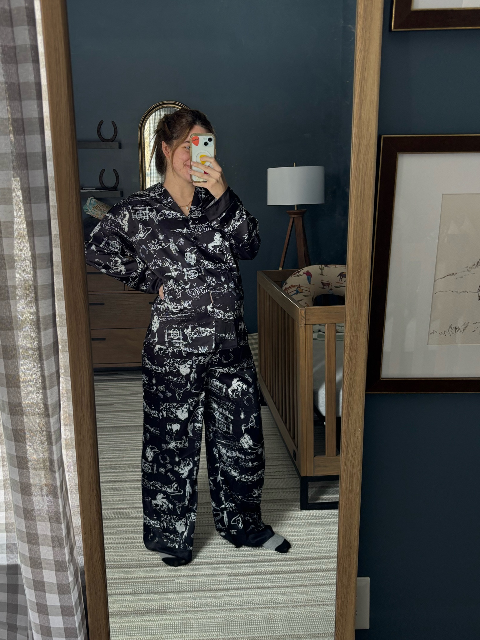 Literally obsessed with these! So soft and a fraction of the cost of the name brand Free People and Anthropologie sets! Will definitely be packing these for the hospital! Also the functioning buttons make them breast feeding friendly! Western satin pajamas

#LTKMostLoved #LTKSaleAlert #LTKBump