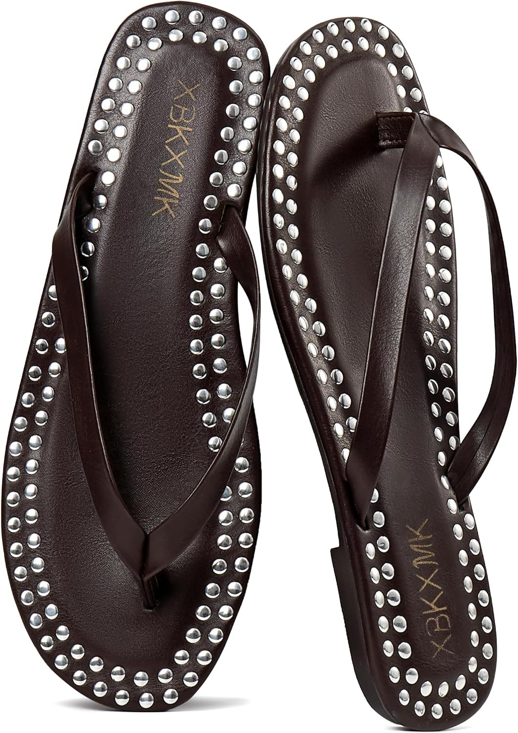 Studded Flip Flops for Woman Leather Open Round Toe Flat Thong Sandals Fashion Summer Beach Slides Sandals Slip on Comfortable Trendy Thongs | Amazon (US)