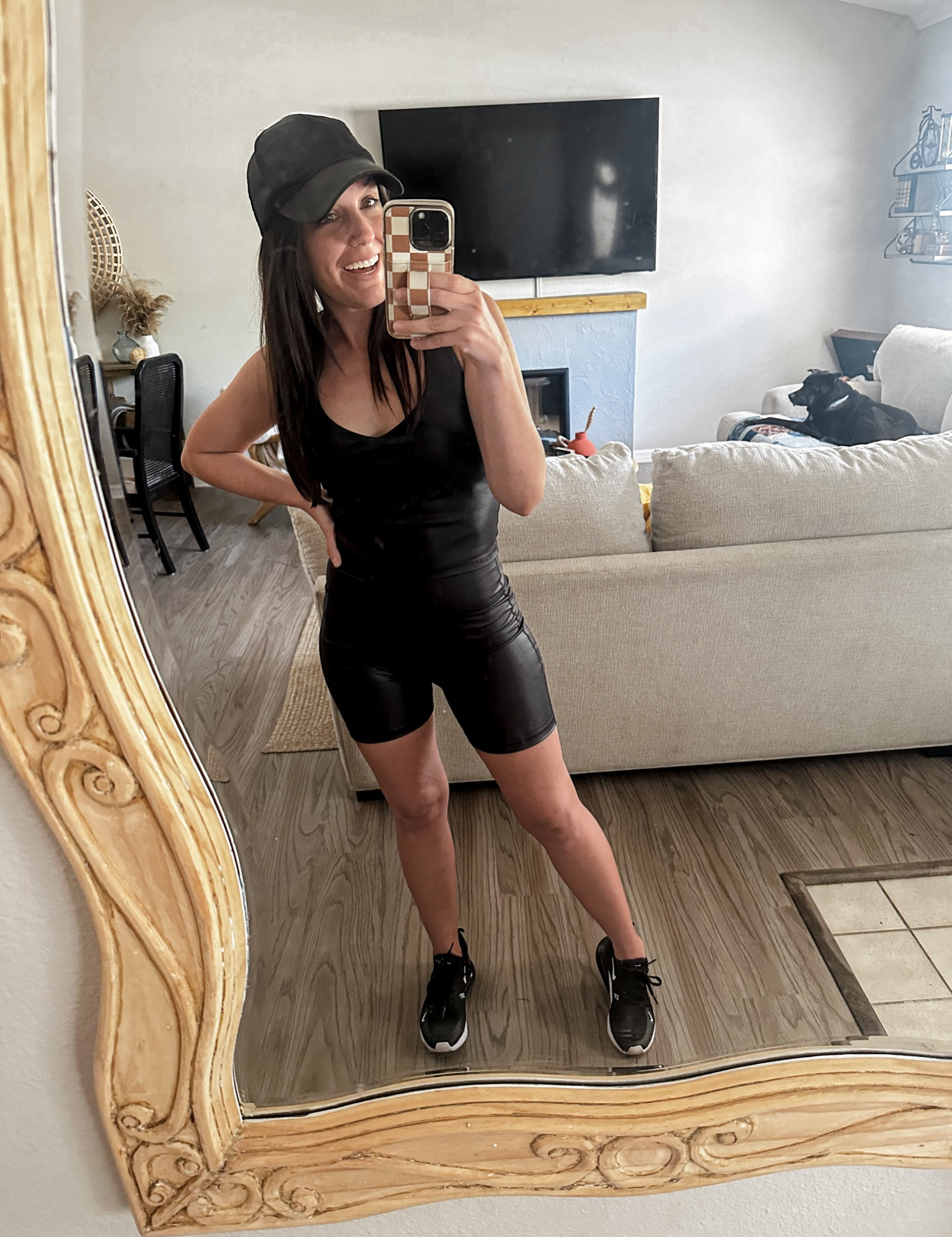 Shiny black set
Shiny black shorts
Shiny black workout attire
Shiny black top
Workout set
Athleisure 
Nike Air270
Black leather hat 
Blacks shiny baseball cap 

#LTKstyletip #LTKfitness #LTKshoecrush