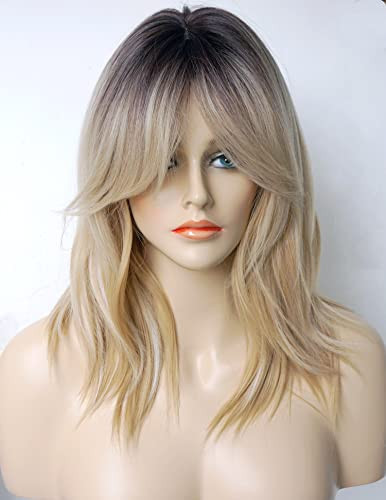 Short Wavy Blonde Wigs ombre for white women medium length wolf -tail wave wig with bangs Synthetic wig Highlight for white Women (Blonde Mixed 3165) | Amazon (US)