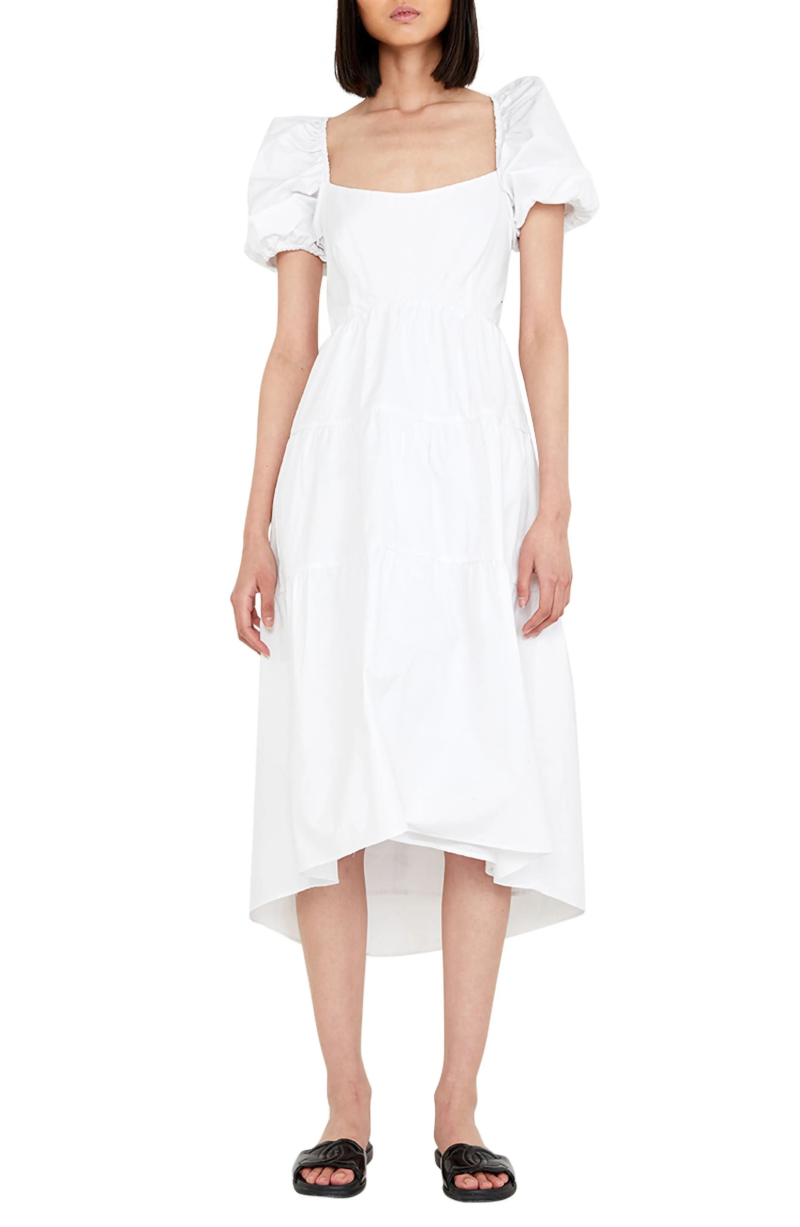 Women's Bardot Tiered Cotton Midi Dress, Size Large - White | Nordstrom