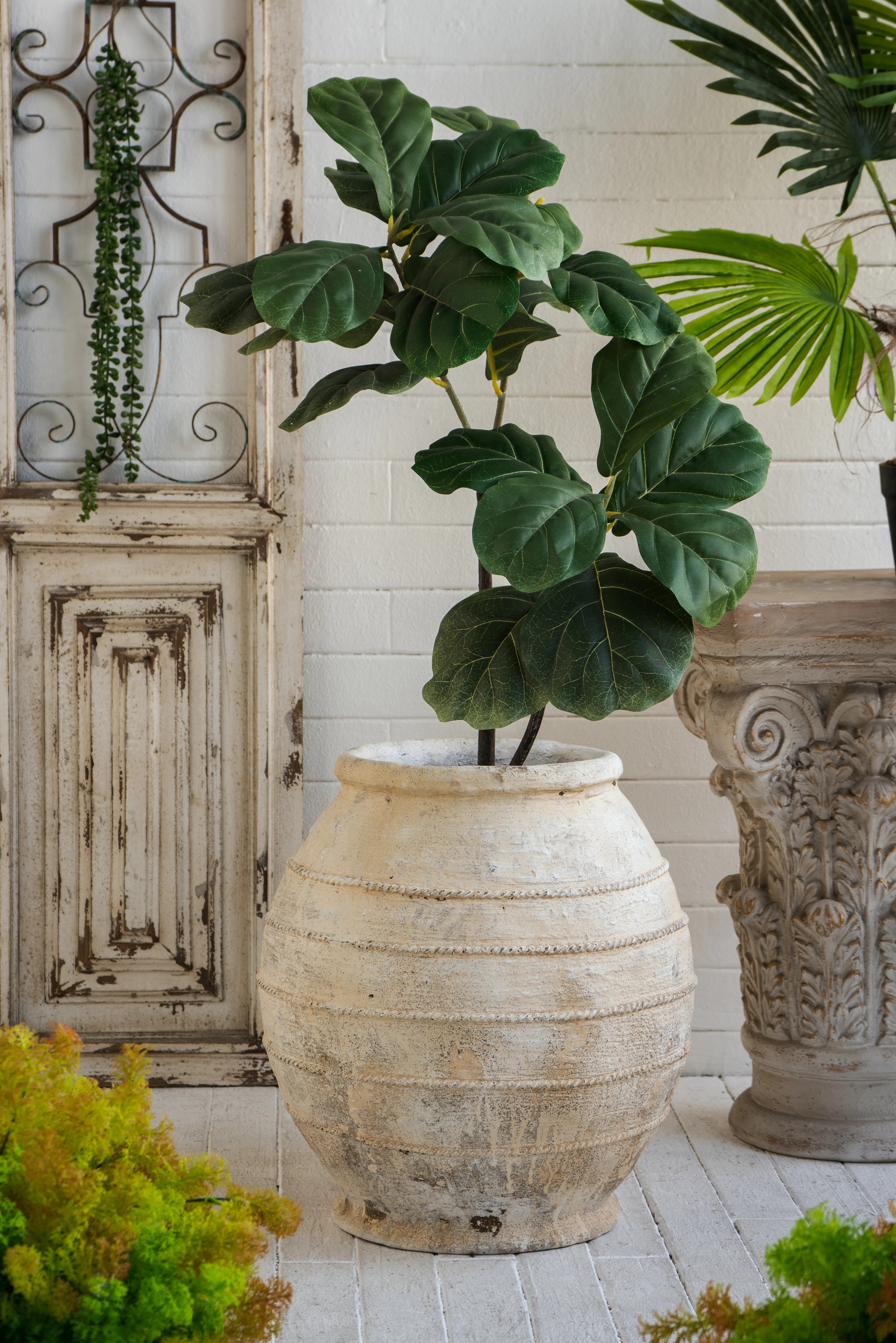 Large Magnesium Flower Pot With Weathered White Finish And Ridged Texture | Wayfair North America