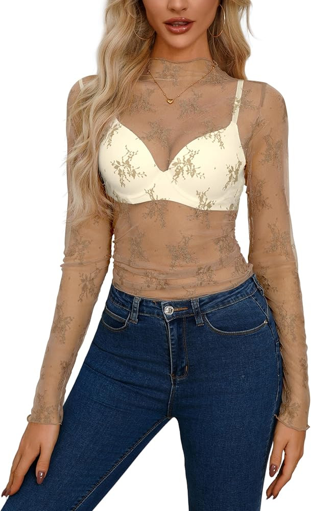AISEW Womens Mesh Sheer Long Sleeve Crop Tops Mock Neck Sexy See Through Tee Shirts Lace Floral Y... | Amazon (US)