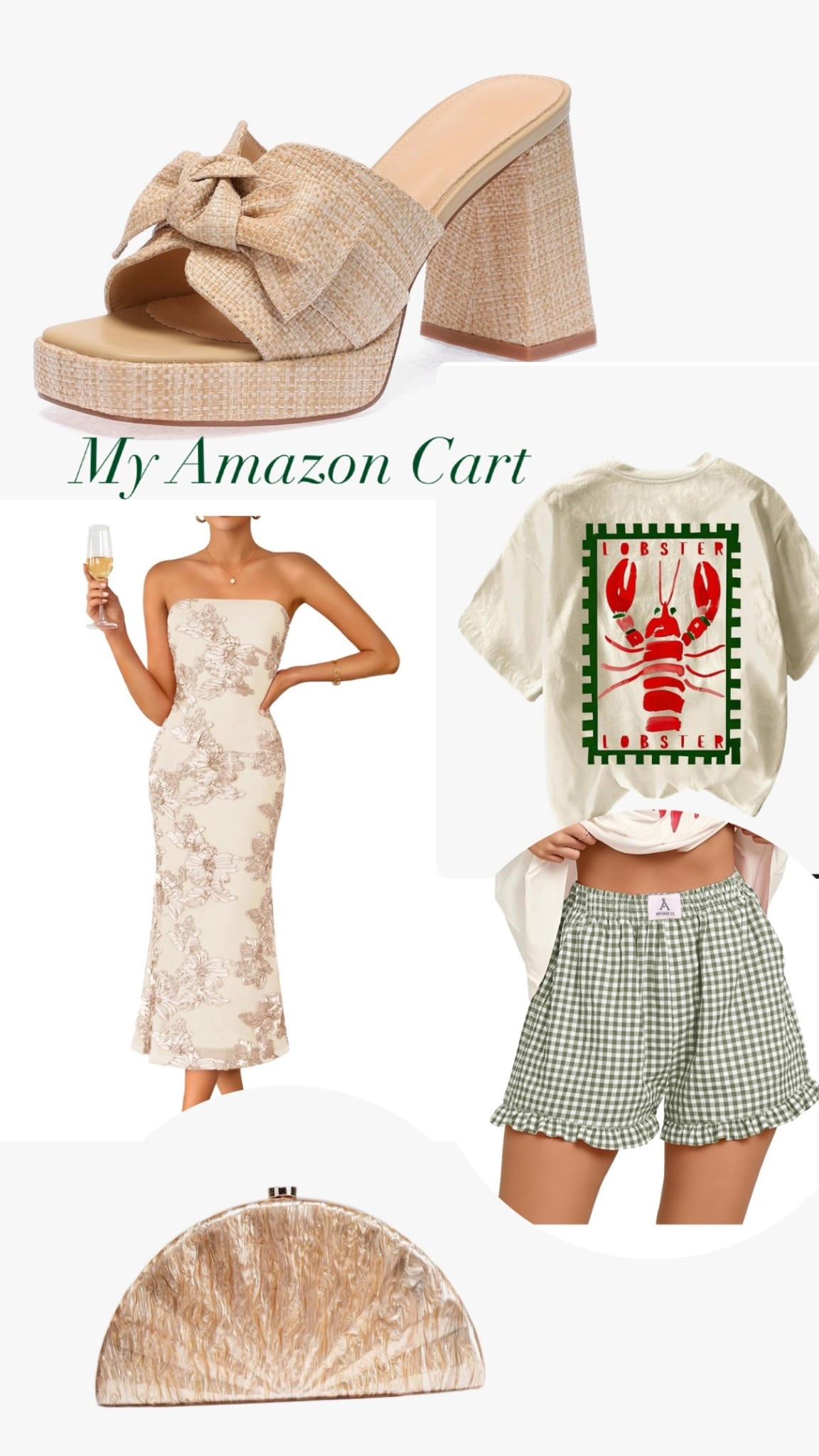 My Amazon cart this week. Dresses, purses, shoes, shorts, and shirts. ♥️