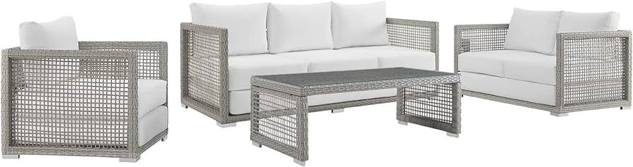 Modway Aura Outdoor Patio Wicker RattanSofa, Loveseat, Armchair and Coffee Table in Gray White | Amazon (US)