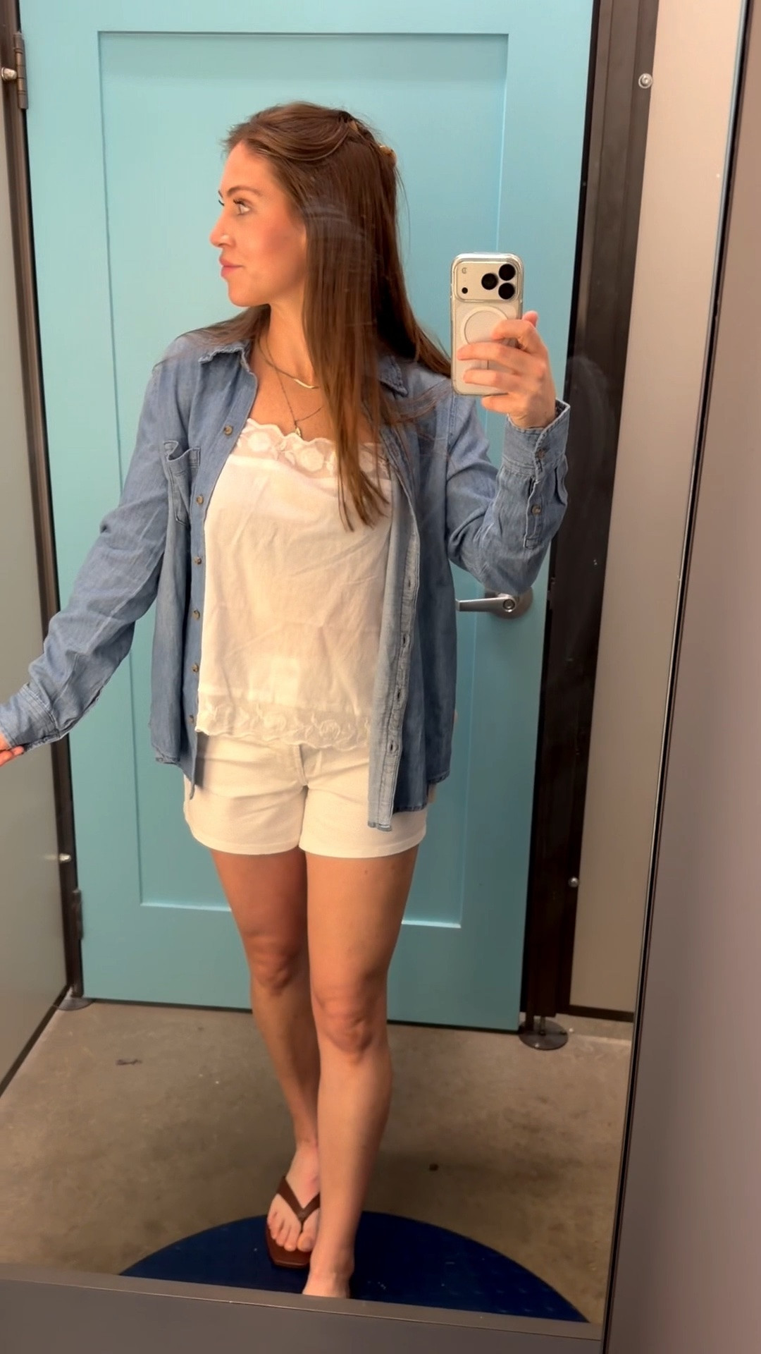 | neutral summer outfits | jean button down top | high rise white shorts | mom shorts | scalloped white tank | square toe sandals |

#LTKootd #LTKSaleAlert #LTKmomlife
