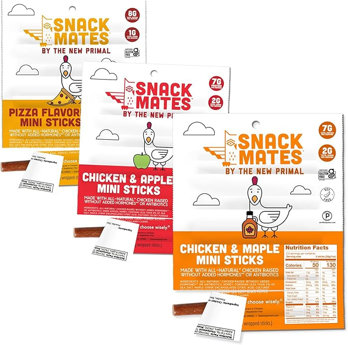 Snack Mates by New Primal Sampler Three Flavor Pack, Mini Chicken Sticks, High Protein and Low Su... | Amazon (US)