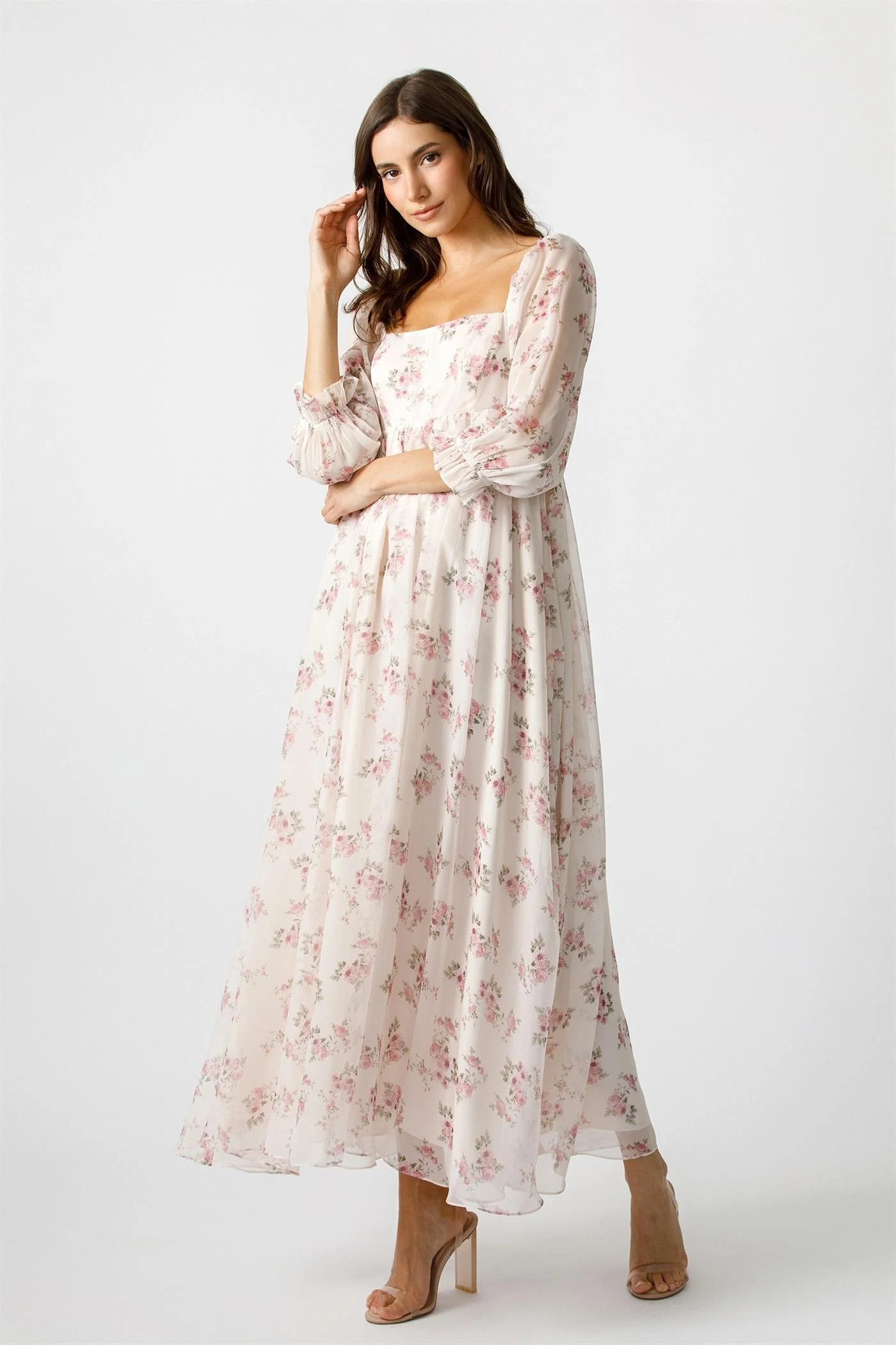 Light Pink Floral Chiffon Long Sleeve Maxi Dress - Large | PinkBlush Maternity