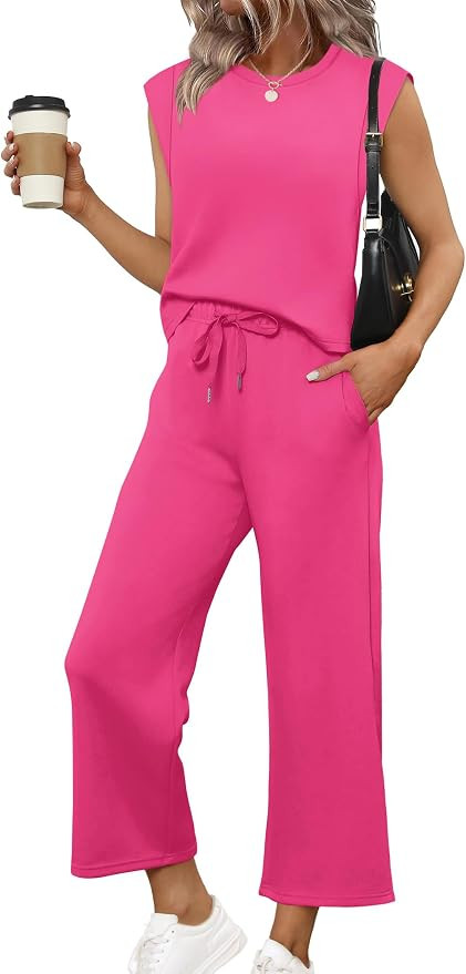 SAMPEEL Two Piece Sets for Women Casual Travel Vacation Outfits Summer Wide Leg Crop Pants Lounge... | Amazon (US)