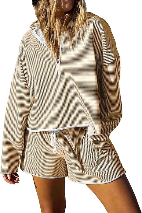 Bozanly Women's 2 Piece Outfits Casual Quarter Zip Long Sleeve Pullover and Drawstring Shorts Lou... | Amazon (US)