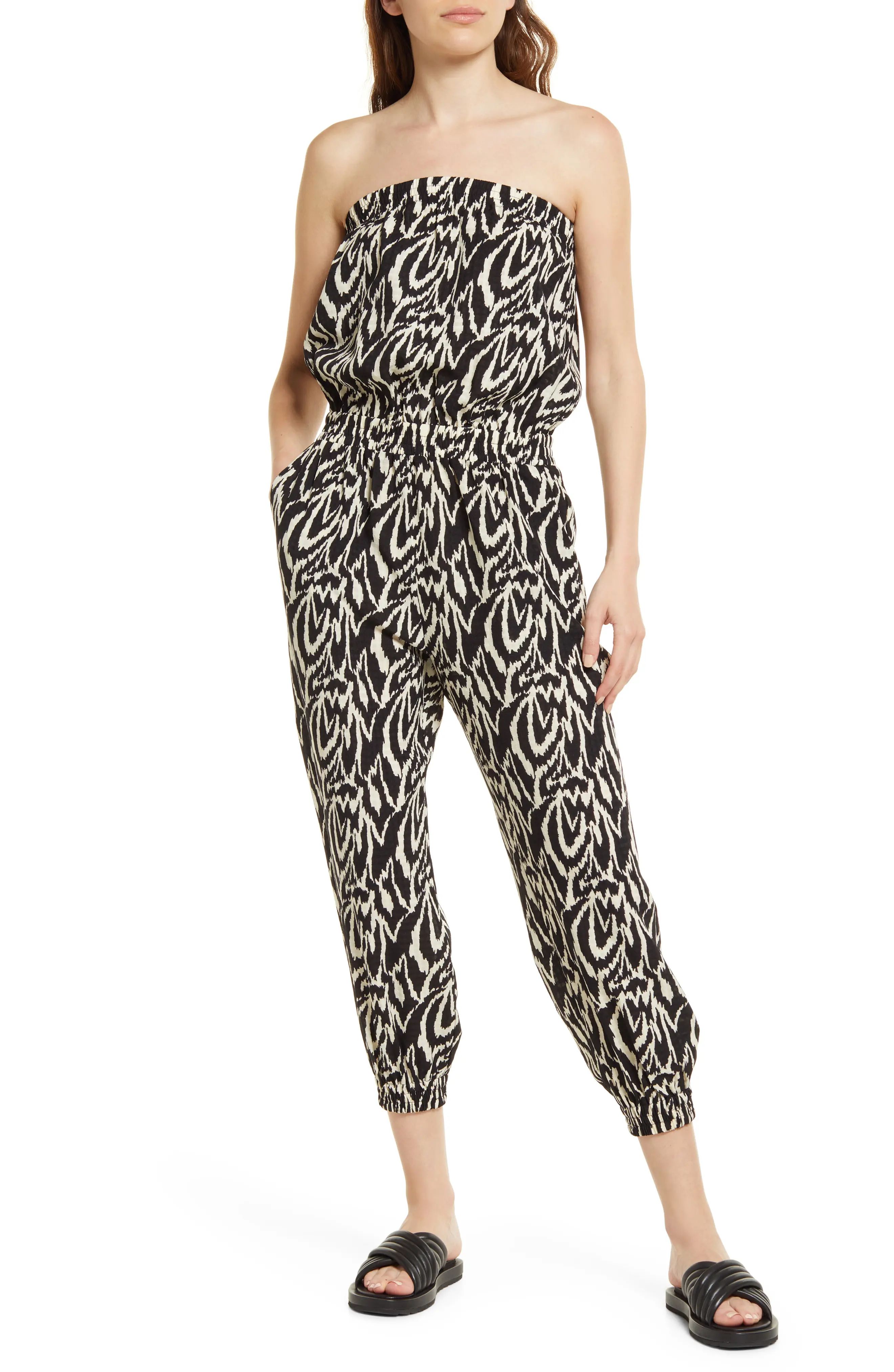 Bishop + Young Maya Abstract Print Strapless Jumpsuit in Bora Bora at Nordstrom, Size Large | Nordstrom