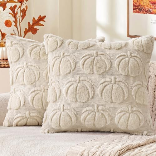 decorUhome Fall Decorative Beige Pumpkin Throw Pillow Covers 16x16 Set of 2, Soft Faux Fur Plush Farmhouse Accent Pillow Cases for Couch Bed Sofa Autumn Harvest Halloween Holiday Home Decor | Amazon (US)