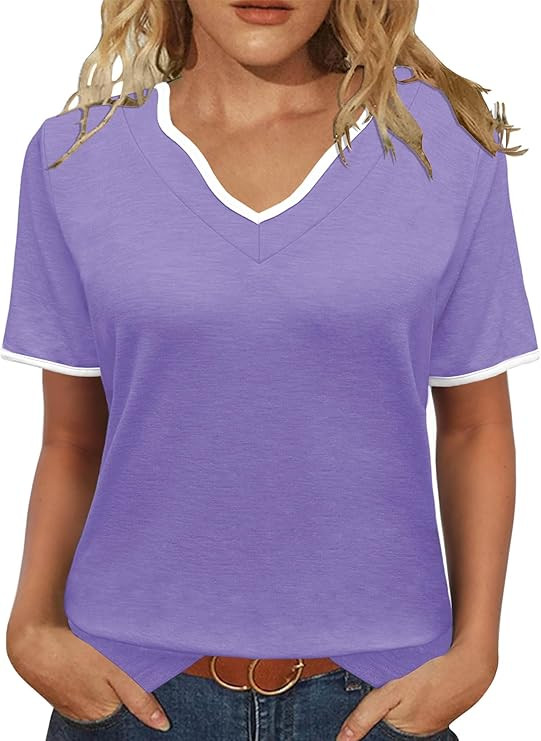 JomeDesign Womens Summer Tops Short Sleeve Color Block V Neck Shirts Loose Fit Casual Blouses | Amazon (US)