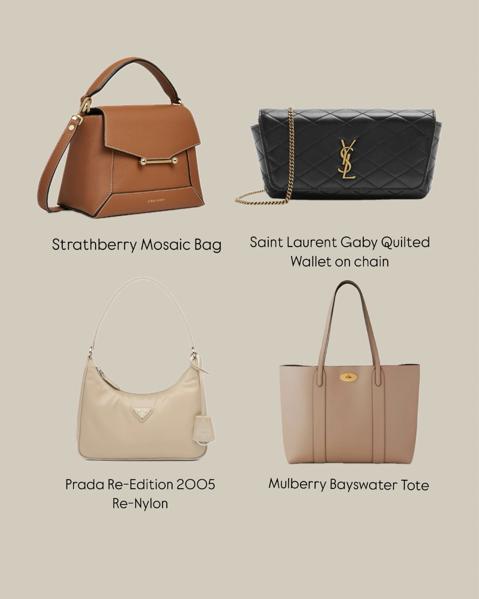 Luxury bags, autumn essentials, Strathberry mosaic bag, Saint Laurent Gaby Quilted wallet, Mulberry bayswater tote, Prada re-edition 2005, tote bag, crossbody bag

#LTKuk #LTKbag #LTKluxury