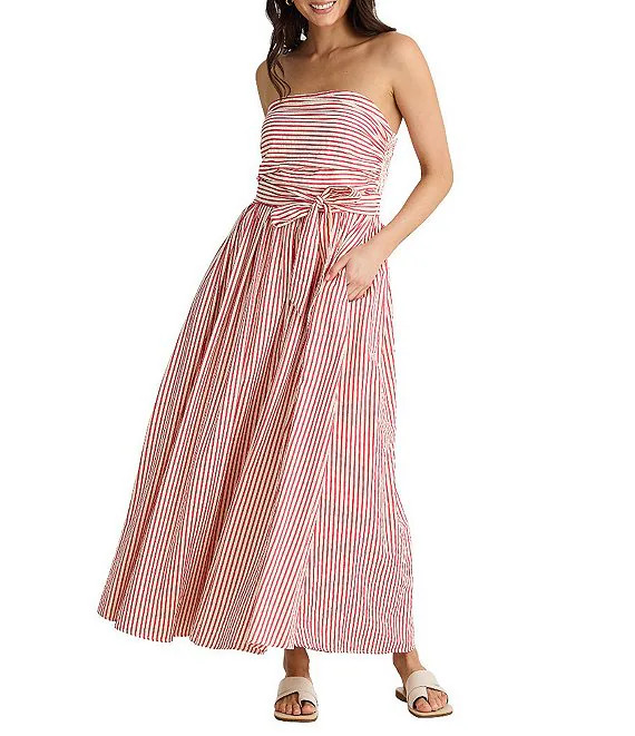 Avalon Gathered Shirred Strapless Sleeveless Striped Seersucker Belted Maxi Dress | Dillard's