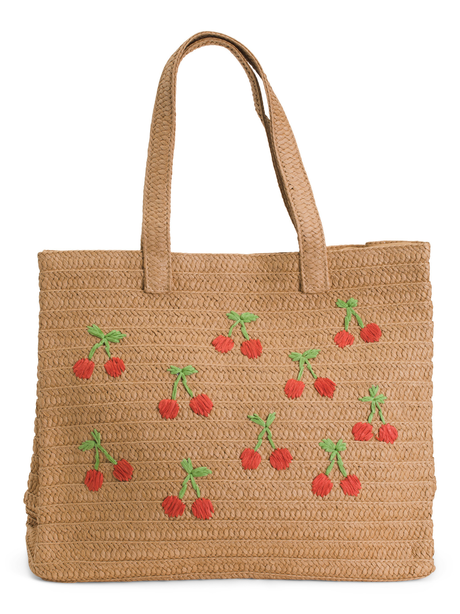 Woven Paper Straw Tote With Embroidered Cherries | TJ Maxx