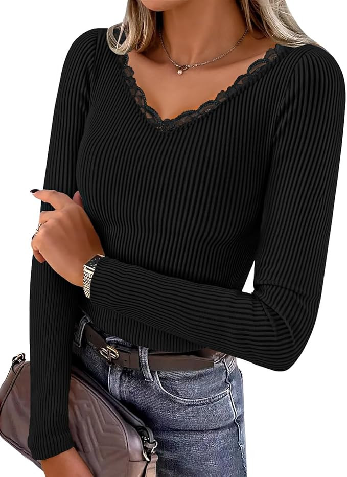 ZESICA Women's Long Sleeve Lace V Neck Shirts 2025 Fall Fashion Slim Fit Tops Ribbed Knit Dressy ... | Amazon (US)