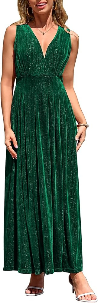 Women's Sleeveless Velvet Maxi Dress Wedding Guests Formal Party Long Dress | Amazon (US)