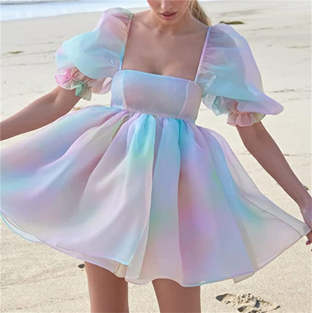 Womens Puff Sleeve Tulle Dress Princess Mini Dress Square Neck Bubble Sleeve Mesh Ruffle Dress for P | Amazon (US)