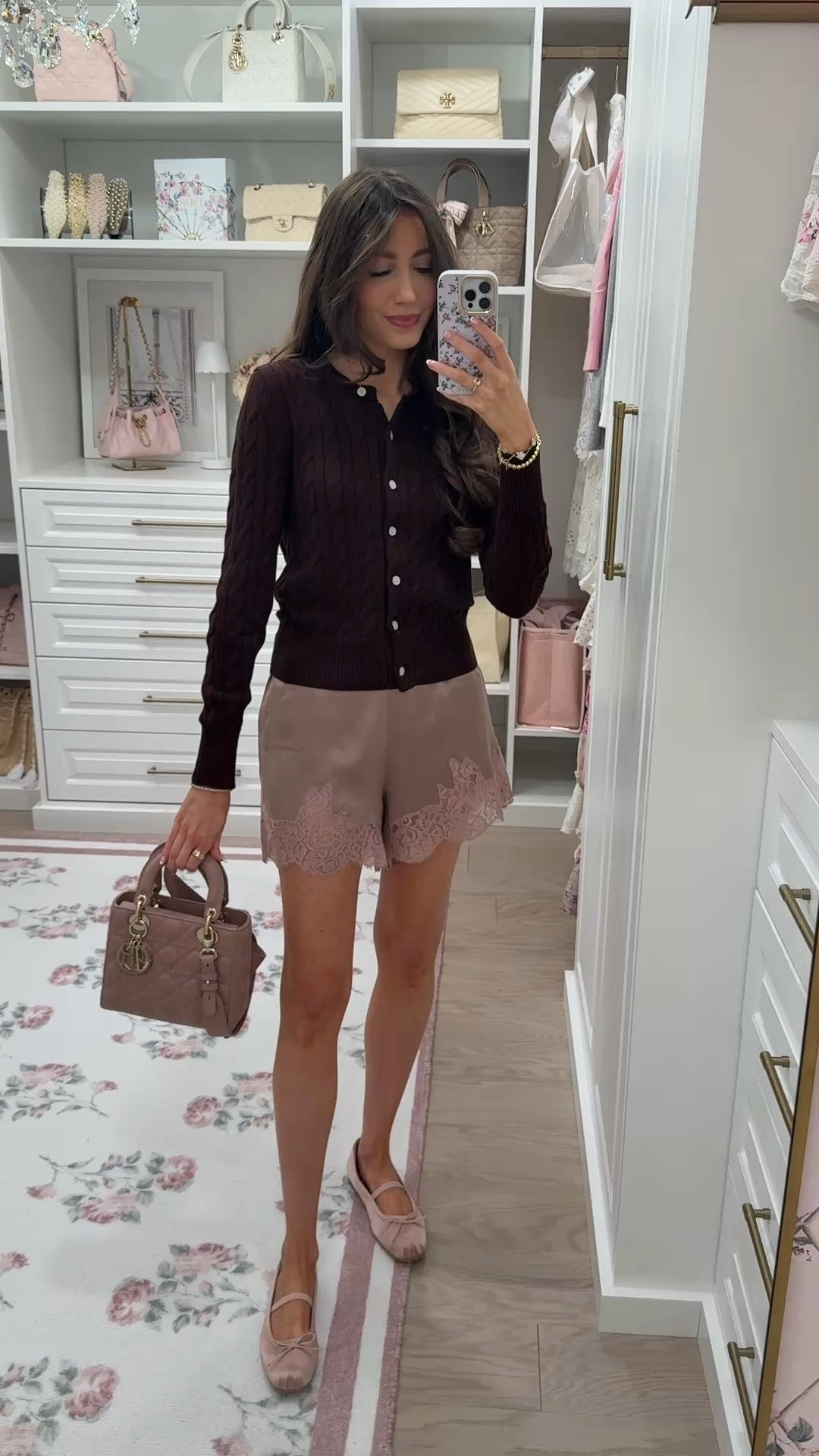 feminine fall outfit idea! Quince 100% washable silk shorts are so comfy yet so elevated!! Styled with this 100% cotton cable knit sweater (Ralph Lauren vibes without the $$$) 💗 everything runs TTS! @Quince

#LTKootd #LTKSeasonal #LTKSaleAlert